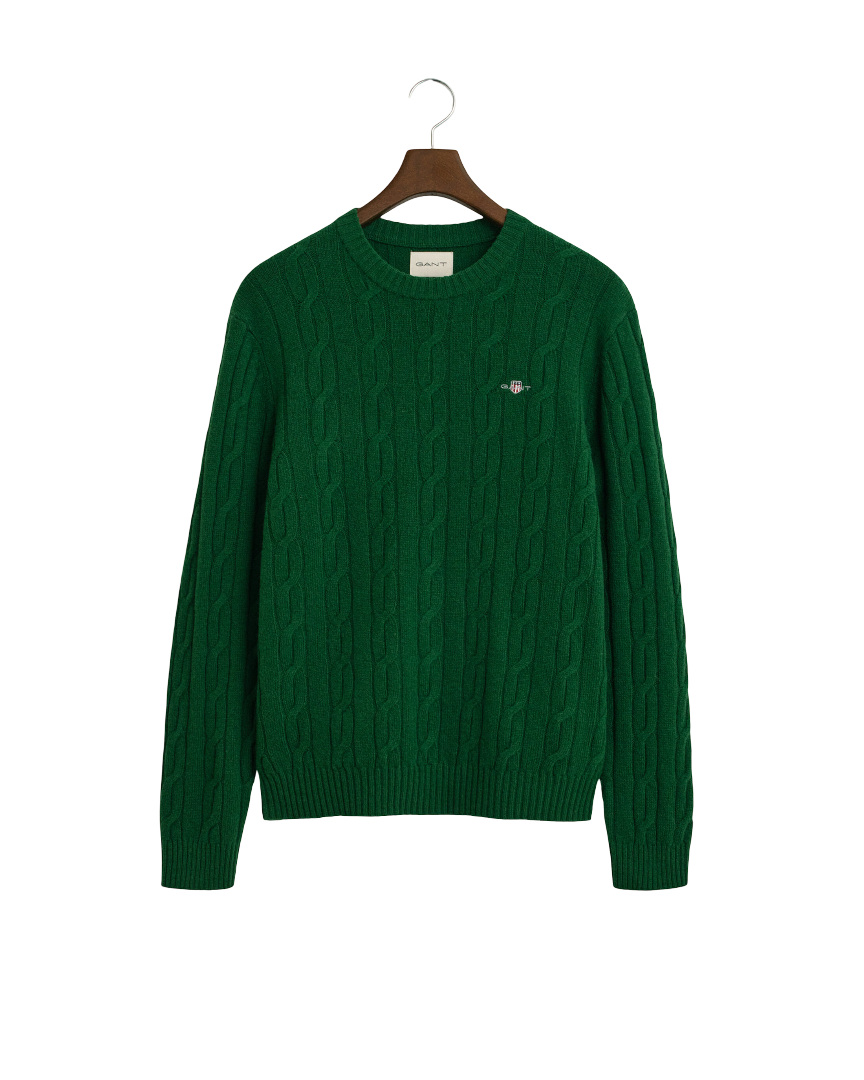 GANT 8050213-338 Lambswool Crew Neck Cable Pullover Intrecciato FOREST GREEN