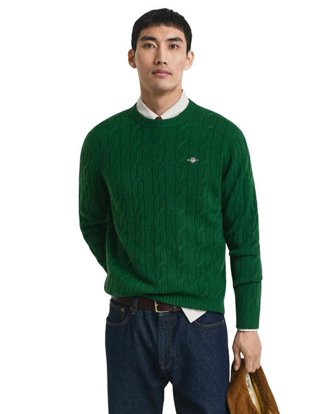 GANT 8050213-338 Lambswool Crew Neck Cable Pullover Intrecciato FOREST GREEN
