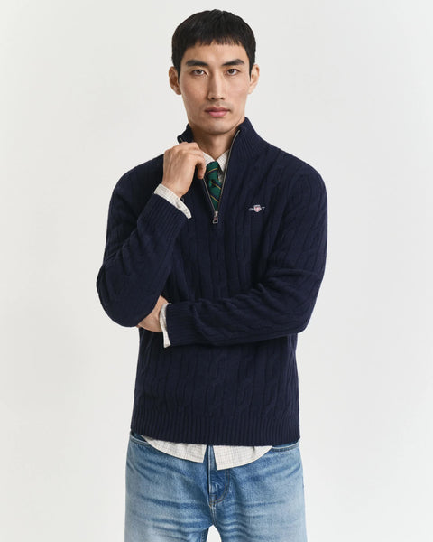 GANT 8050260-433 Lambswool Half Zip Cable Pullover Intrecciato EVENING BLUE
