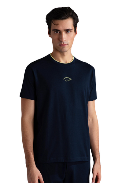PAUL &amp; SHARK 24411055-013 Men's Short Sleeve T-Shirt Contrast Fluo Logo NAVY BLUE