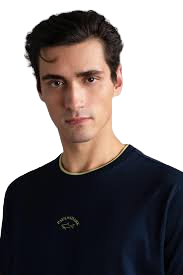 PAUL &amp; SHARK 24411055-013 Men's Short Sleeve T-Shirt Contrast Fluo Logo NAVY BLUE
