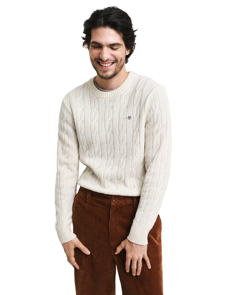 GANT 8050213-130 Lambswool Crew Neck Cable Knit Pullover CREAM WHITE