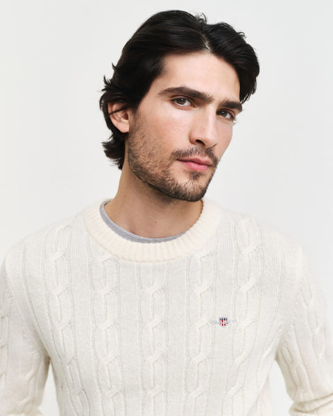 GANT 8050213-130 Lambswool Crew Neck Cable Knit Pullover CREAM WHITE