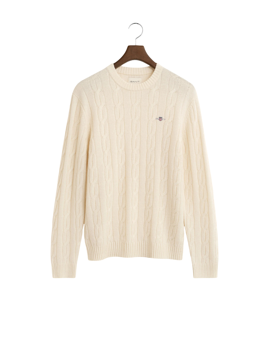 GANT 8050213-130 Lambswool Crew Neck Cable Knit Pullover CREAM WHITE