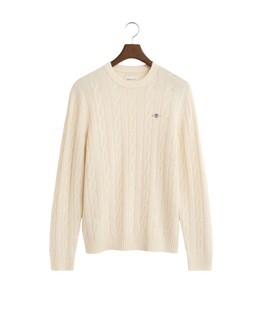 GANT 8050213-130 Lambswool Crew Neck Cable Knit Pullover CREAM WHITE