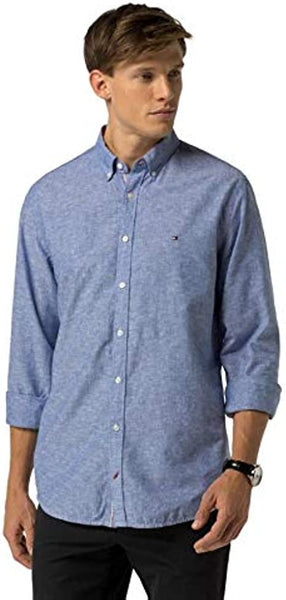 Tommy Hilfiger MW0MW04730-404 Cotton-Linen Shirt Camicia Uomo Button Down Celeste
