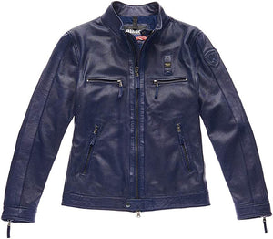 Blauer 20SBLUL02154-868 Leather Biker Jacket Giubbino in Pelle Nappa di Vitello 100% Blu Zaffiro