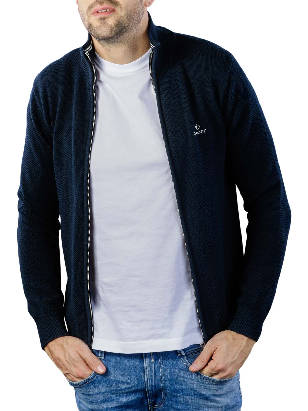 GANT 8030524-433 Cotton Pique Full-Zip Cardigan NAVY Blue