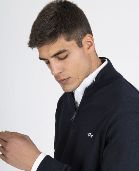 Paul &amp; Shark 14311148-050 Half-zip Merino Wool Pullover with Embroidered Shark NAVY BLUE